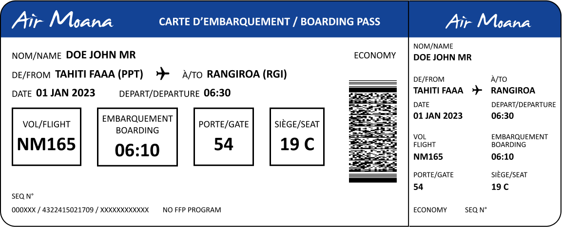 Next iteration prototype (clean version) of the boarding pass for check-in counters, designed with fewer elements, particularly on the stub, to align with future systems at check-in counters that require less information for agents.